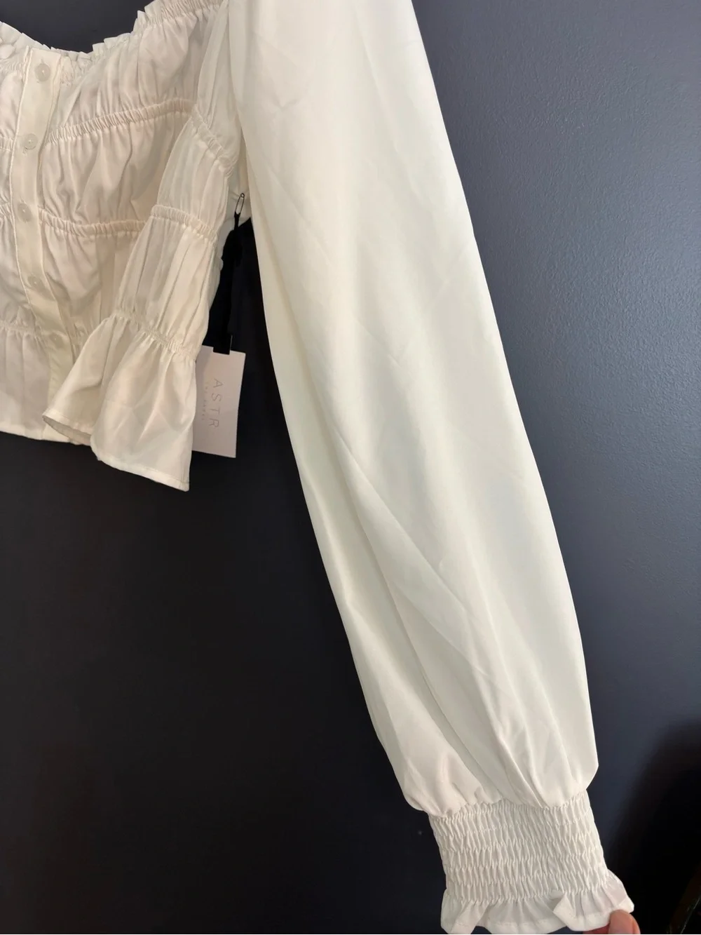 NEW ASTR The Label White Smocked Crop Blouse Top XL Square Neck Balloon Sleeves